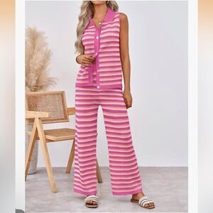 Pink Striped Crochet Knit Lounge Set — Size Small Viscose Blend 2-Piece 💖 NWOT